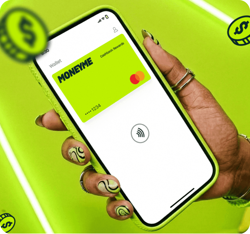 Hand holding a phone showing the MONEYME Cashback Rewards card